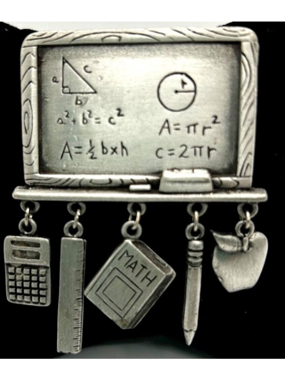 Vintage JJ Teacher Brooch Pewter Math Pin Chalkboard Calculator Charms 2.5 inch